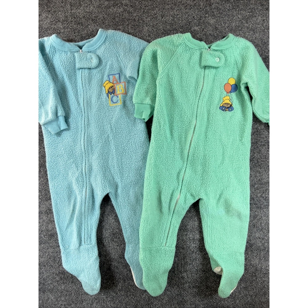Vintage Paddington Bear Fleece Footie Sleepers Lot of 2 Size 18M USA Kidcore